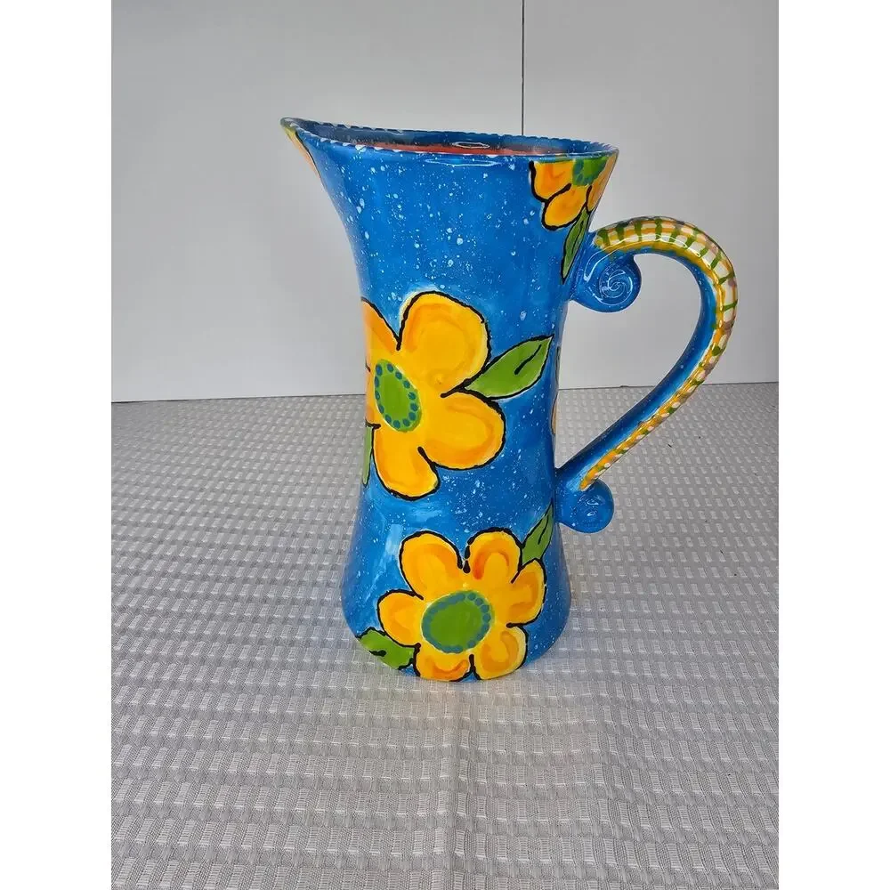 Fusion Pottery Yellow Flower and Blue Pitcher‎ w/handle and Red Finish Inside